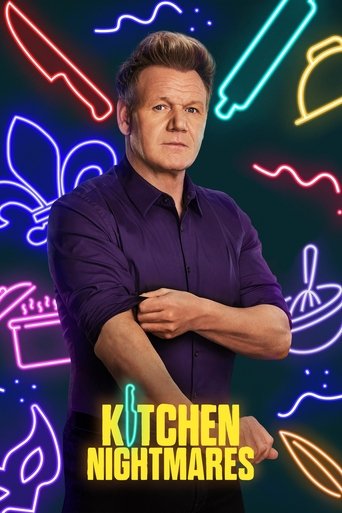 The poster features a confident man in a purple shirt against a vibrant neon background. The colorful glow of lights and glowing icons create a mysterious and intriguing atmosphere, hinting at the show's themes of unexpected culinary disasters.