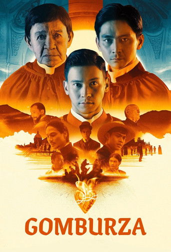 The poster features three men in period attire against a warm, golden sunset backdrop. Below them, a fiery explosion with a glowing emblem suggests action and mystery. The title "GOMBURZA" is prominently displayed at the bottom in bold, orange letters. The overall mood is dramatic and adventurous.