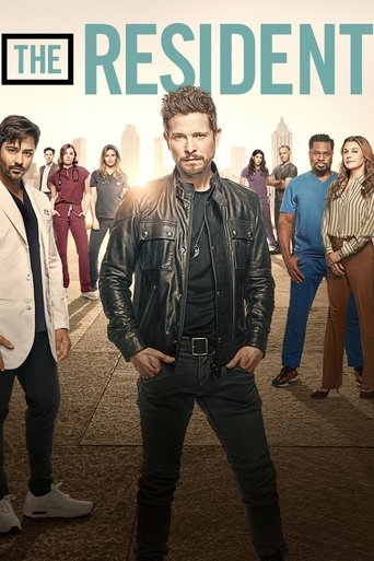 The Resident poster features a central man in a leather jacket against a warm, sunlit background. Surrounding him are diverse characters in colorful outfits, suggesting a vibrant and dynamic cast. The overall mood is energetic and inviting, capturing the essence of a popular sitcom with a lively ...