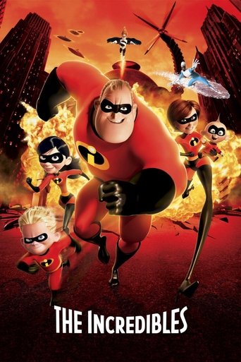 The Incredibles poster features a muscular father in a red suit leading his family through a fiery, action-packed scene. The vibrant colors of orange, red, and yellow create an intense and energetic atmosphere, while the dynamic poses of the characters convey excitement and adventure.