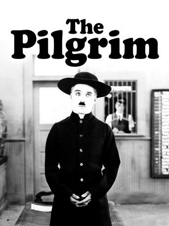 This black-and-white poster features a stern man in a dark uniform and hat, exuding authority. The title "The Pilgrim" is boldly displayed at the top. The mood is serious and mysterious, hinting at a classic crime drama.