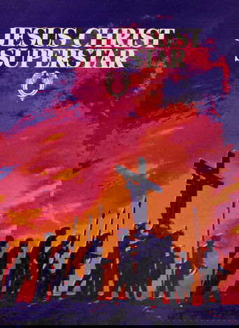 The poster features silhouettes of people holding swords against a dramatic sunset sky. The title "Jesus Christ Superstar" is prominently displayed in bold red letters. The overall mood is intense and epic, evoking a sense of historical drama and action.