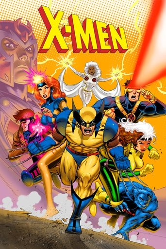 This vibrant X-Men poster features dynamic characters in action poses against a fiery orange background. The bold red "X-MEN" title dominates the top, while colorful figures like Wolverine and Storm convey energy and excitement. The dramatic lighting and comic book-style art create an intense, ac...