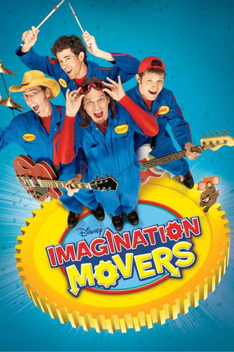 The poster features four energetic characters in matching blue uniforms, each holding musical instruments, set against a vibrant blue background. The title "Imagination Movers" is prominently displayed in bold, colorful letters on a yellow, sunburst-like design. The overall mood is playful and dy...