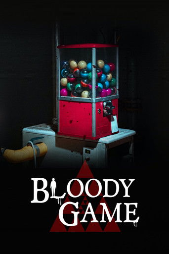 The poster features a red claw machine filled with colorful balls, set against a dark background. The title "Bloody Game" is prominently displayed in bold white letters. The overall mood is eerie and suspenseful, suggesting a thrilling yet disturbing game.