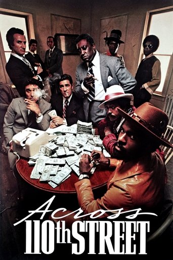 The poster features a group of men in suits and hats, with one man in a brown hat holding a stack of money. The warm lighting and rich colors create a dramatic atmosphere. The title "Across 110th Street" is prominently displayed at the bottom.