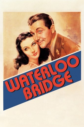 This vintage movie poster features a romantic couple in sepia tones, with a bold blue diagonal banner reading "WATERLOO BRIDGE" in red letters. The warm, nostalgic atmosphere evokes the classic film era.