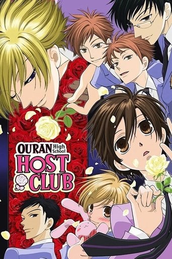 This vibrant poster showcases the dynamic cast of "Ouran High School Host Club," featuring a mix of blonde, red-haired, and dark-haired characters in expressive poses. The rich red background with floral elements adds a lively atmosphere, while the characters' confident expressions and varied hai...