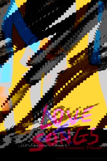 The poster features silhouettes of two women walking hand in hand against a vibrant yellow background. Bold pink text reads "LOVE SONGS" with a stylized heart symbol, evoking a romantic and dreamy atmosphere.