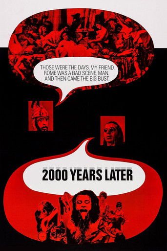 This poster features a dramatic red and black color scheme with a central figure in a speech bubble. The top section shows ancient figures in red, while the bottom depicts modern people in a similar style. The mood is mysterious and historical, suggesting a time travel narrative.