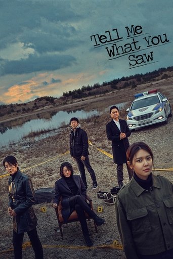 The poster features five characters in a moody, cinematic setting with muted earth tones and a dramatic sky. The title "Tell Me What You Saw" is prominently displayed in bold, white text. The mood is mysterious and suspenseful, suggesting a thriller or drama.