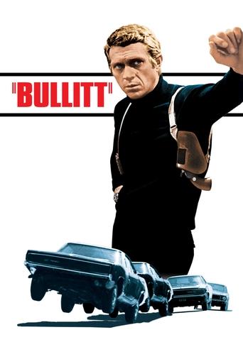 A powerful man in a black suit stands defiantly against a stark white background, his fist raised in a gesture of strength and resolve. Below him, sleek, futuristic blue vehicles gleam ominously, hinting at the high-speed action and danger that defines the film. The bold red title "BULLITT" ancho...