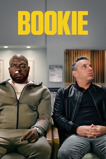 The poster features two men in a dimly lit room, exuding a mysterious and tense mood. The bold yellow title "BOOKIE" stands out against the muted background, emphasizing the show's gritty and dramatic tone.