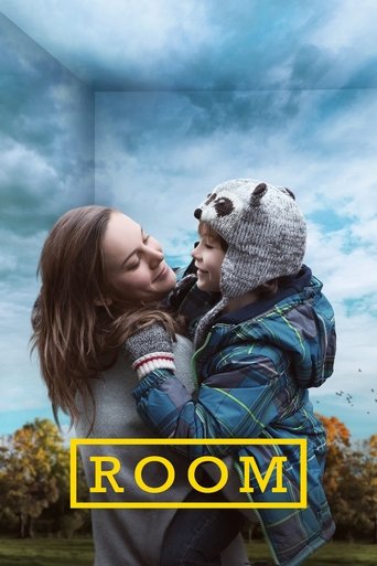 The poster features a tender moment between a mother and child, with the woman in a cozy blue plaid coat and the child wearing a panda hat. The warm tones of their clothing contrast against the soft, dreamy blue sky, evoking a sense of warmth and familial love. The title "ROOM" is prominently dis...