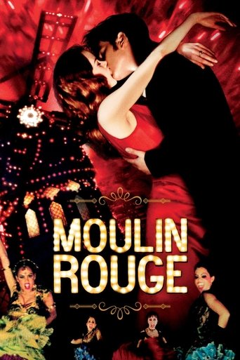The poster features a dramatic dance scene with a couple in vibrant red and black, exuding passion and romance. The background is filled with colorful dancers in various costumes, creating a lively and festive atmosphere. The title "Moulin Rouge!" is prominently displayed in bold, golden letters,...