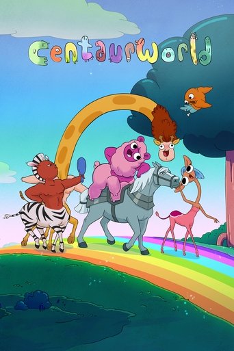 This vibrant TV poster for "Centaurworld" features colorful characters riding a rainbow archway, exuding a playful and whimsical mood. The scene captures the essence of a magical fantasy world with bright hues and cheerful expressions.