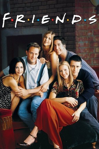 The poster features six characters in a warm, cozy setting with brick walls and soft lighting. The vibrant reds and warm tones create a welcoming atmosphere, while the casual poses suggest a friendly and approachable vibe. The title "Friends" is prominently displayed at the top, anchoring the ima...