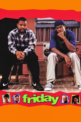 The poster features two men sitting on a brick ledge, one in a plaid shirt and the other in a blue shirt, both with a relaxed, casual demeanor. The vibrant orange background and the playful "friday" title at the bottom create a cheerful, summery atmosphere.