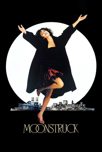 A glamorous woman in a black dress dances joyfully against a stark white moon, with a city skyline at her feet. The poster exudes a dreamy, romantic mood with bold black and red accents.