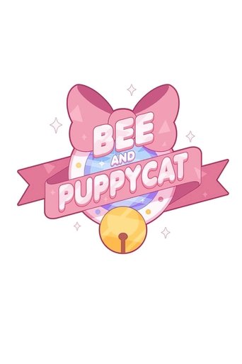This playful TV show poster features a cute pink bow with "BEE and PUPPYCAT" written in bold white letters. The design includes a cheerful yellow bell and sparkling stars, creating a whimsical and inviting atmosphere perfect for young audiences.