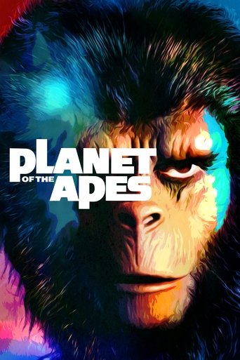 This movie poster features a dramatic, close-up portrait of an ape's face against a vibrant, multi-colored background. The bold, white text "Planet of the Apes" stands out prominently. The overall mood is intense and mysterious, with rich blues, purples, and oranges creating a visually striking a...