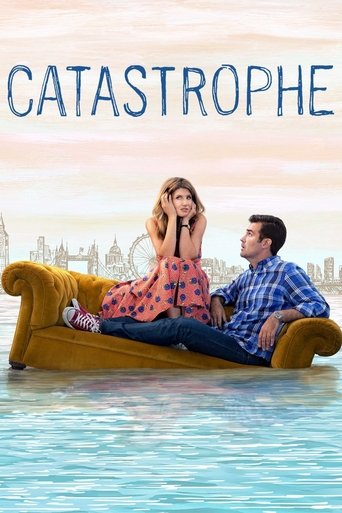 The poster features a couple lounging on a yellow couch on a floating island, with the title "Catastrophe" prominently displayed in bold letters. The warm sunset hues create a romantic yet slightly melancholic atmosphere, emphasizing the emotional depth of the story.