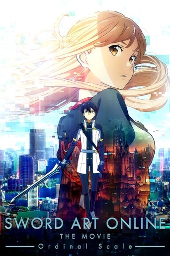 The poster features a dramatic scene with a blonde girl in a dark outfit holding a sword, standing against a vibrant cityscape at night. The warm glow of the city contrasts with the cool tones of the girl's attire, creating a visually striking composition. The title "Sword Art Online the Movie: O...