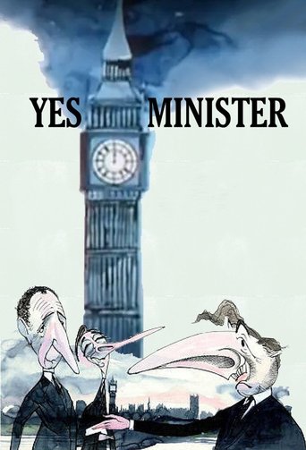 The poster features two men in suits with exaggerated, elongated noses, drinking from glasses against a backdrop of Big Ben and dramatic storm clouds. The muted blues and grays convey a somber, political atmosphere, while the bold black text "YES MINISTER" anchors the image.