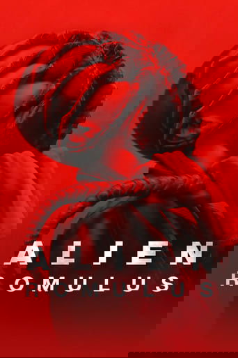 The poster features a haunting figure in a red cloak, symbolizing the horror of the alien invasion. The deep red background amplifies the ominous and unsettling mood, while the stark white text "ALIEN ROMULUS" stands out against the dark figure, emphasizing the title's significance.