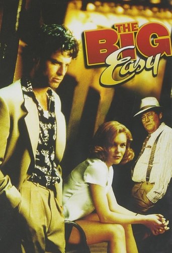 The poster features three characters in a warm, nostalgic setting. A man in a white suit stands on the left, while a woman in a white dress sits on the right, and a man in a hat stands behind her. The colors are warm and golden, evoking a retro feel. The mood is playful and inviting, suggesting a...