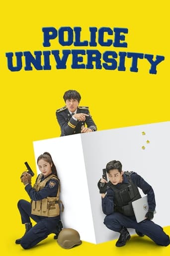 The poster features a vibrant yellow background with bold blue text reading "POLICE UNIVERSITY." Three individuals in tactical gear are posed dramatically against a white backdrop, holding guns and exuding an air of readiness and intrigue. The composition suggests a thrilling action-adventure sto...