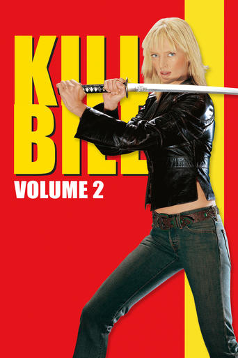 The poster features a striking blonde woman in a black leather jacket and ripped jeans, holding a sword with a determined expression against a bold red background. The large yellow text "KILL BILL" dominates the top, while "VOLUME 2" sits below in white. The dynamic pose and intense colors convey...