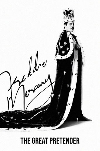 The poster features Freddie Mercury in a dramatic, regal pose against a stark black background. His iconic crown and flowing robes are rendered in bold black and white, evoking a sense of mystery and power. The title "The Great Pretender" is prominently displayed at the bottom, suggesting themes ...