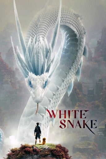 The poster features a majestic, ethereal white snake with intricate scales, towering over a small human figure standing on a rocky outcrop. The scene exudes a mystical and serene mood, with soft lighting and a dreamlike atmosphere that hints at the film's fantasy setting.