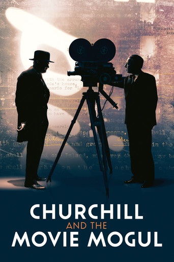 Silhouetted figures in hats stand before a vintage film camera on a tripod, evoking a noir atmosphere. Dark blues and blacks dominate the poster, with a spotlight illuminating the scene. The title, "Churchill and the Movie Mogul," hints at a blend of historical drama and modern innovation.