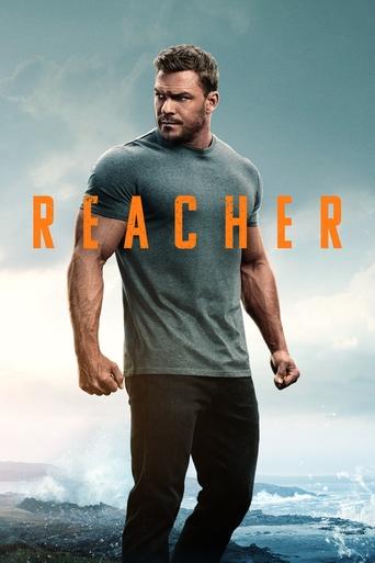 The poster features a muscular man in a gray t-shirt and dark pants, exuding strength against a dramatic ocean backdrop. The bold orange "REACHER" text dominates the center, while the sky transitions from blue to white clouds, evoking an adventurous and intense mood.