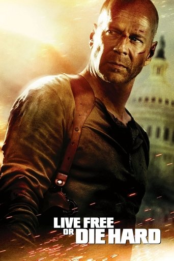 The poster features a rugged, intense man with a determined expression, set against a dramatic backdrop of fiery orange and deep red hues. The title "Live Free or Die Hard" is prominently displayed in bold white letters, emphasizing the gritty, action-packed nature of the film.