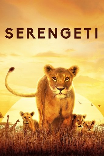 The poster features a majestic lioness walking through golden savanna grass, with smaller cubs nearby. Warm sunset hues blend with earthy tones, evoking a sense of wild adventure and natural beauty. The title "SERENGETI" stands out in bold, uppercase letters at the top, anchoring the image's icon...