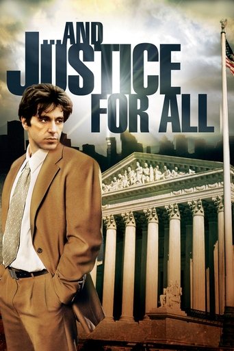The poster features a man in a tan suit against a backdrop of the U.S. Capitol building, symbolizing justice. The bold, dark text "AND JUSTICE FOR ALL" dominates the top, conveying a serious and authoritative tone. The muted color palette and formal composition evoke a sense of gravity and determ...