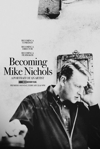 The black-and-white poster features a contemplative man in a leather jacket, his hand resting thoughtfully on his chin. The muted tones and shadowed atmosphere evoke a sense of introspection and artistic depth, reflecting the film's exploration of Mike Nichols' life and legacy.