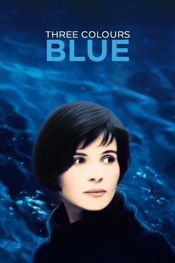 The poster features a woman with short dark hair against a deep blue background, evoking mystery and intrigue. The title "Three Colours Blue" suggests a narrative exploring different themes or perspectives within a single visual experience.