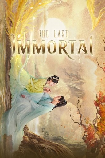 The poster features a graceful woman in flowing blue and yellow robes, her hands clasped in prayer or contemplation. She stands against a dreamy, ethereal background of swirling clouds and golden light, evoking a sense of timeless mystery and spiritual resonance. The title "The Last Immortal" is ...