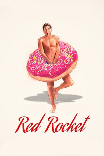 The poster features a man in a pink donut, exuding a playful and carefree mood. The vibrant pink and white colors create a cheerful atmosphere, while the bold red text "Red Rocket" anchors the image with a classic sports branding.