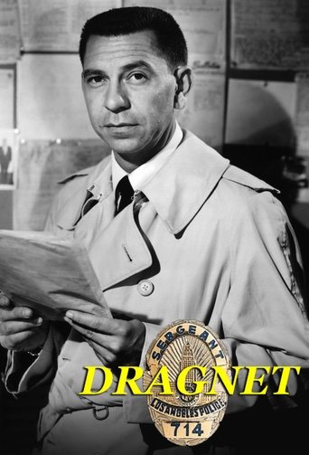 The poster features a stern police officer in a light uniform, holding a document against a backdrop of newspaper clippings. The warm yellow text "DRAGNET" stands out against the muted tones of the image, evoking a sense of authority and mystery.