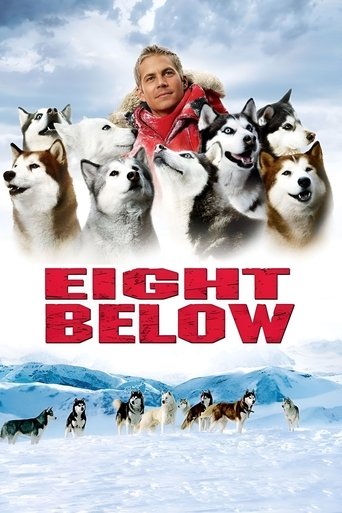 The poster features a man in a red jacket surrounded by eight husky dogs, all looking forward with anticipation. The snowy landscape below adds a sense of adventure and winter wonder. The bold red title "EIGHT BELOW" stands out against the bright background, evoking a thrilling and adventurous mood.