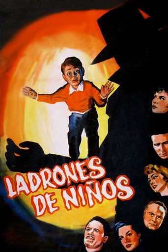 The poster features a young boy in a red shirt and blue jeans, standing confidently against a dramatic orange sunset. Surrounding him are several faces of adults, suggesting a family or group dynamic. The title "Ladrones de niños" is prominently displayed in bold, red letters, evoking a sense of ...