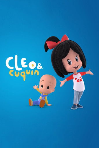 The poster features Cleo, a cheerful girl with black hair and a red bow, standing beside Cuquin, a playful baby with a yellow shirt and blue pants. The bright blue background and playful colors evoke a joyful, innocent mood, capturing the essence of a beloved children's show.