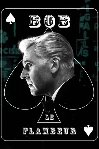 This movie poster features a black-and-white portrait of a man in a suit, framed by a large playing card symbol. The background is dark with faint green text, creating a mysterious and dramatic atmosphere. The title "Bob le Flambeur" is prominently displayed at the bottom, emphasizing the film's ...