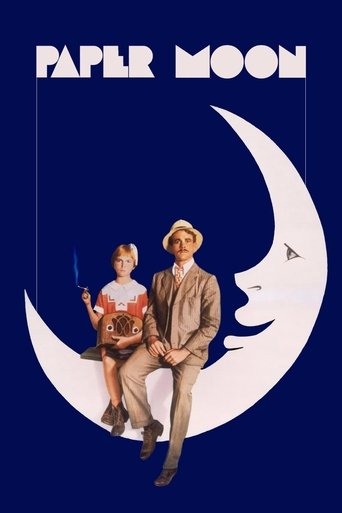 The poster features two children and a man sitting on a crescent moon against a deep blue background. The warm tones of their clothing contrast with the cool, starry night sky, creating a dreamy and nostalgic atmosphere.