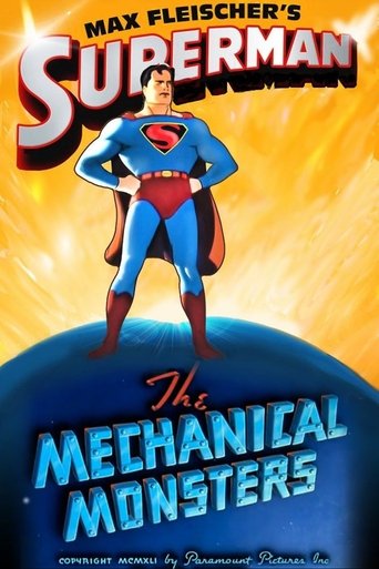 The poster features a confident superhero character standing atop a glowing blue planet, with a dramatic yellow sunburst background. The bold, comic-book style text announces "Max Fleischer's Superman" and "The Mechanical Monsters," evoking a sense of adventure and cosmic mystery.